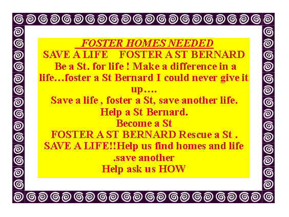Text Box:   FOSTER HOMES NEEDED  SAVE A LIFE    FOSTER A ST BERNARD    Be a St. for life ! Make a difference in a life�foster a St Bernard I could never give it up�.Save a life , foster a St, save another life. Help a St Bernard. Become a StFOSTER A ST BERNARD Rescue a St . SAVE A LIFE!!Help us find homes and life .save another Help ask us HOW